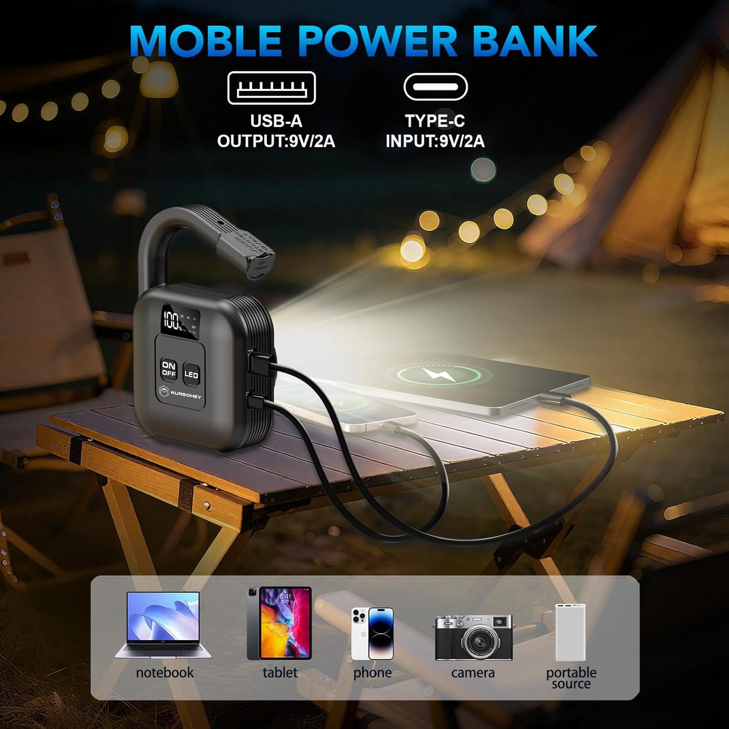 Portable Car Jump Starter with Camp Light, 2000A Peak, Ultrasafe 12V Battery, 8000mAh, for 9L Gas/7L Diesel Engines, Dead Battery Booster, USB Output Power Bank