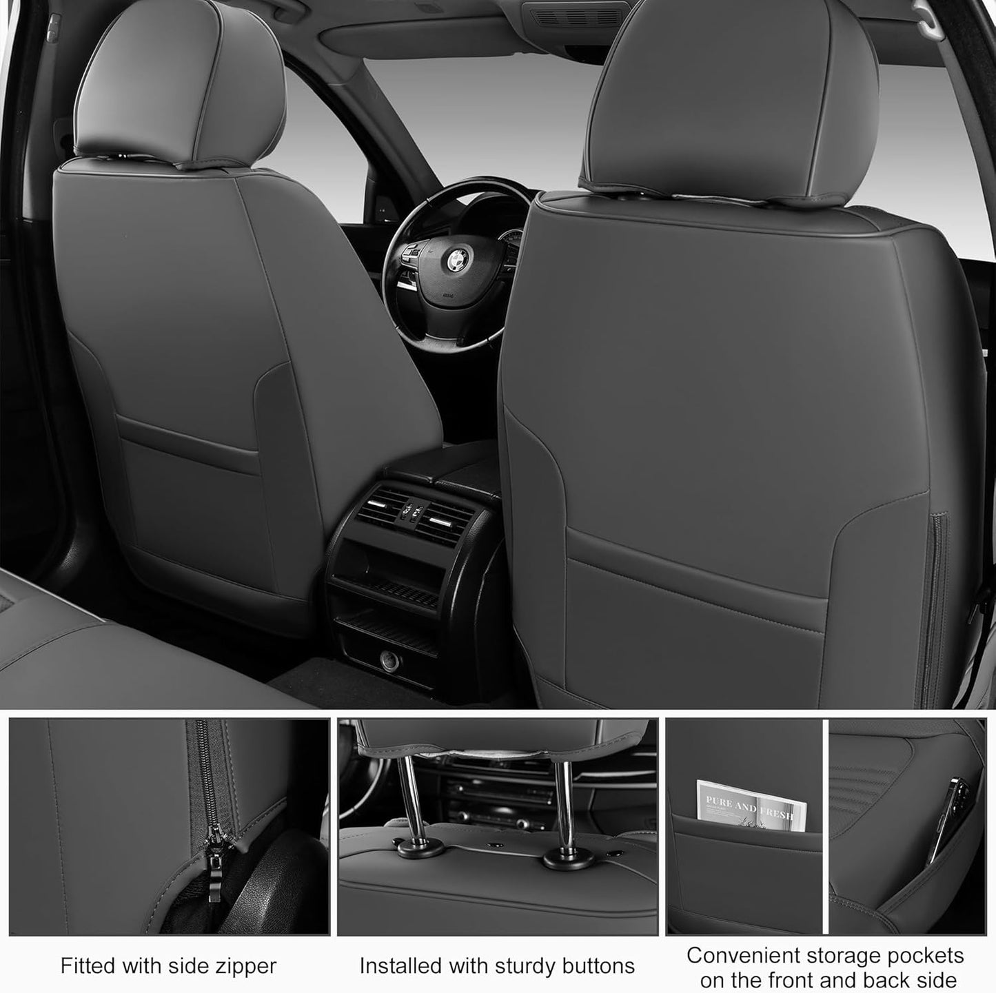 Car Seat Covers Full Set, Front and Rear Seat Covers for Cars, Waterproof Leather Auto Seat Protectors with Head Pillow, Car Seat Cushions Fit for Most Sedans SUV Pick-up Truck, Gray