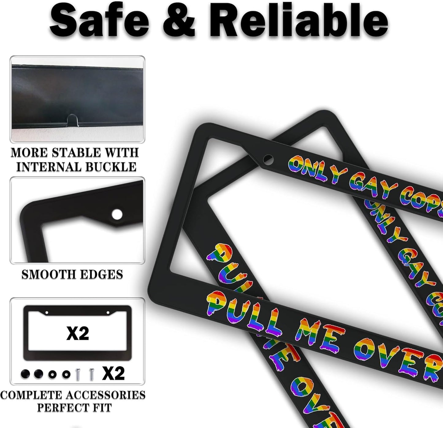 License Plate Frames Black and White Automotive Exterior Accessories Only Gay Cops Pull Me Over Universal Aluminum Car Accessory 2 Pack with Screw Covers Set