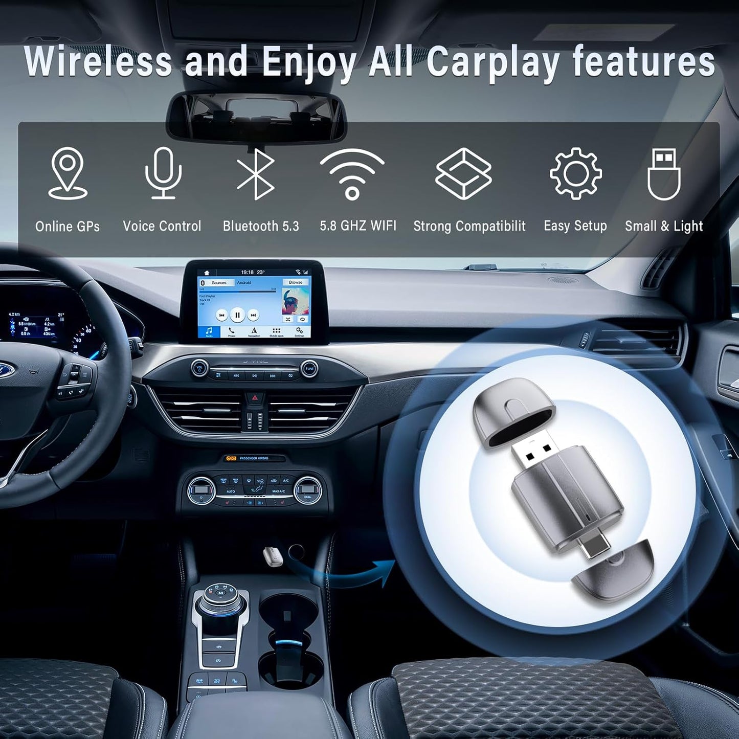 Wireless CarPlay Adapter for Apple, Easy to Upgrade Wired CarPlay to Wireless, Plug & Play, Mini Size with USB A & Type-C, Bluetooth Wireless Control Adapter for Cars from 2017 and iOS 10+ (Silver)