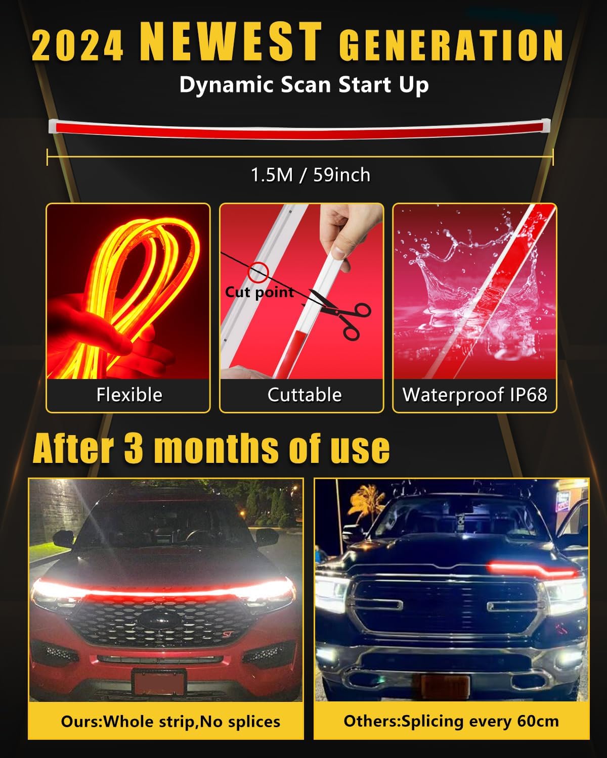 YM E-Bright Led Hood Light Strip Exterior Car Led Strip Light Waterproof Flexible DRL Dynamic Scan Start Up Hoodbeam Kit Daytime Running Lights for Car,Truck,SUV,12V 59inch,Red,1 Set