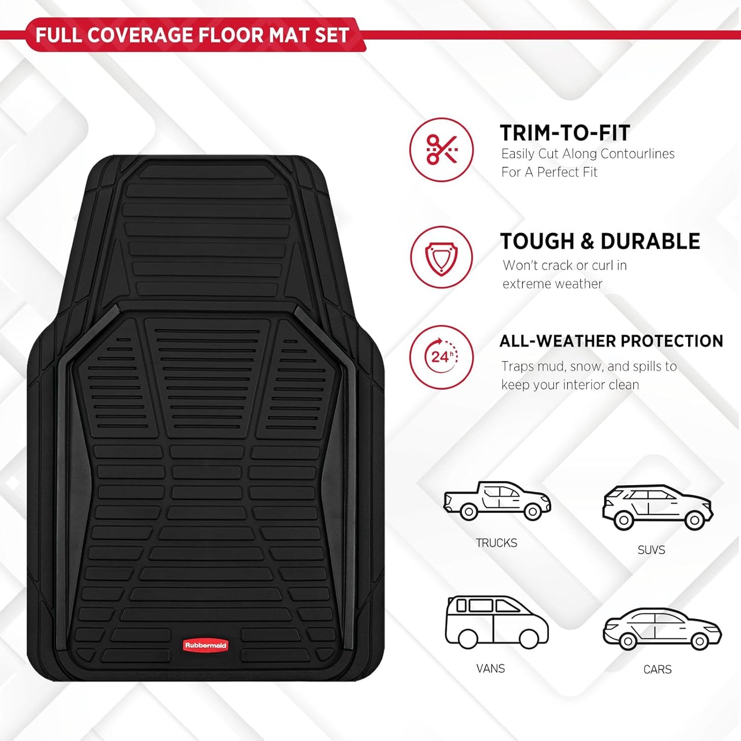 Rubbermaid Car Mat Full Set All-Weather Heavy-Duty 4 Pieces– Trim-to-Fit Universal Car Mats Full Set – Waterproof Rubber Floor Liners for Most Trucks, SUVs, Vans, and Sedans-Black