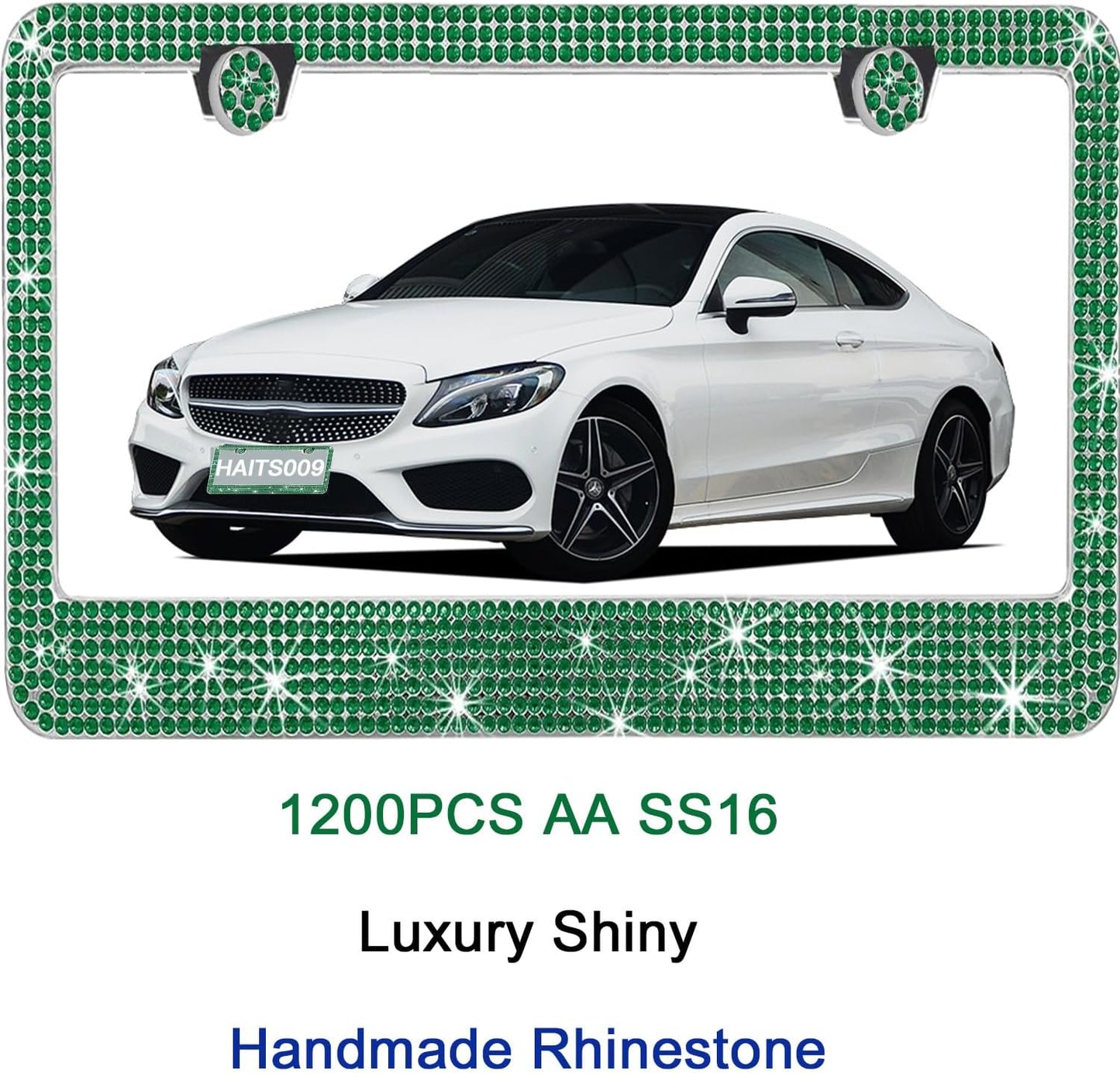 2 Pack License Plate Frames for Women, Sparkly Rhinestone Diamond Car Accessories with Glitter Crystal Caps (Green(2PCS))