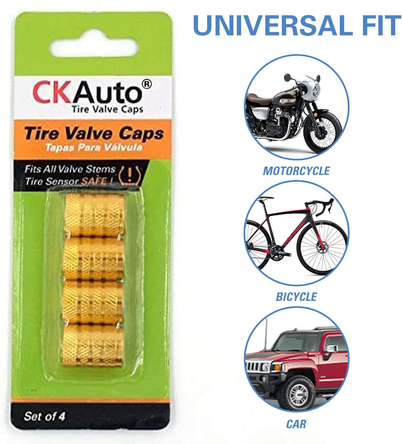 CKAuto Tire Valve Stem Caps, Golden Yellow, 4 pcs/Pack, Anodized Aluminum Tire Valve Cap Set, Corrosion Resistant, Universal Stem Covers for Cars Trucks Motorcycles SUVs and Bikes