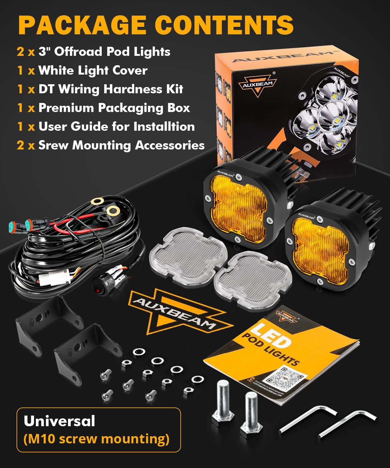 Auxbeam XP-Ultra Series 3 Inch Flood Beam LED Pods, 9600LM White Offroad Driving Lights 120° Wide Flood Lights 80W Fog Ditch Light Bar with White Amber Light Covers, Pair