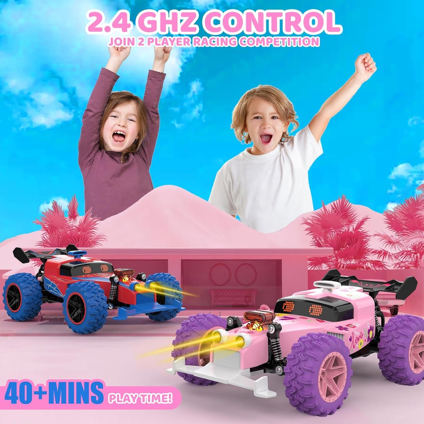 Pink Remote Control Car for Girls, RC Race Car Girl Toy with Colored Lighting Eyes, Rechargeable Battery, 2.4GHz RC Toy Vehicle for Kids, Birthday Christmas Toy Gifts.