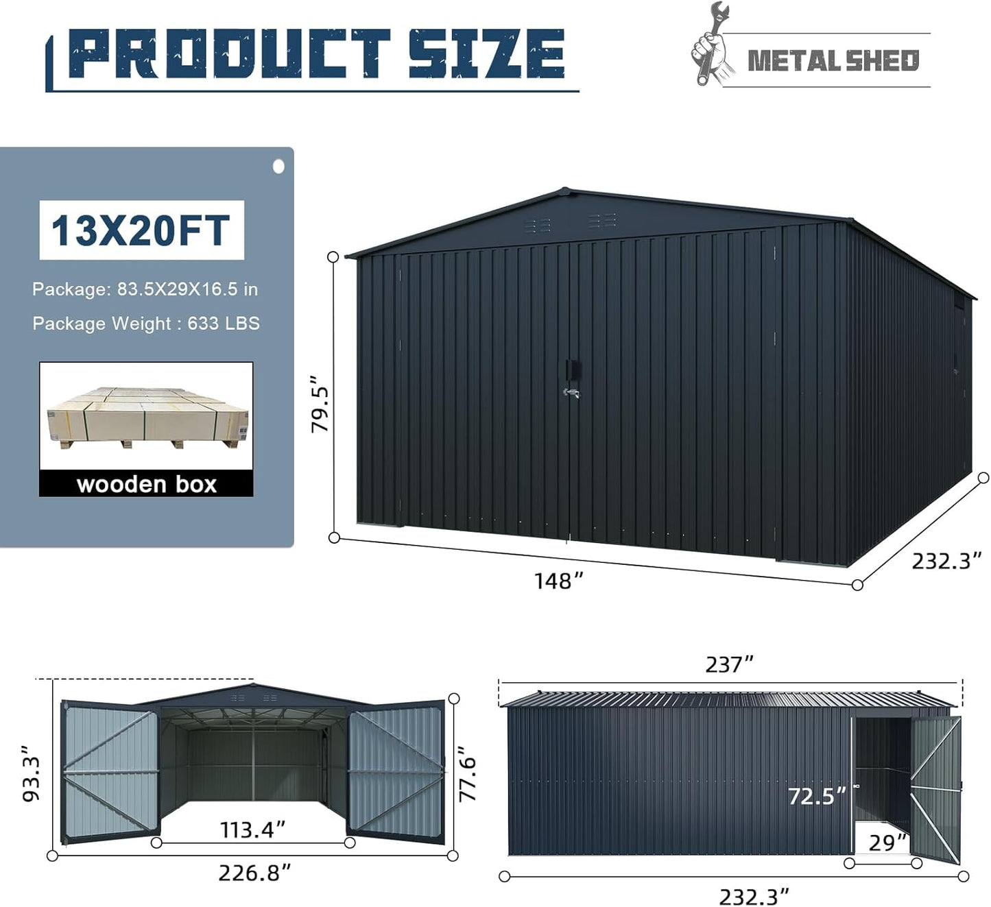 LANTRO JS 13x20ft Outdoor Storage Shed, Metal Storage Shed, Heavy Duty Large Metal Garage Shed with 2 Doors and 4 Vents