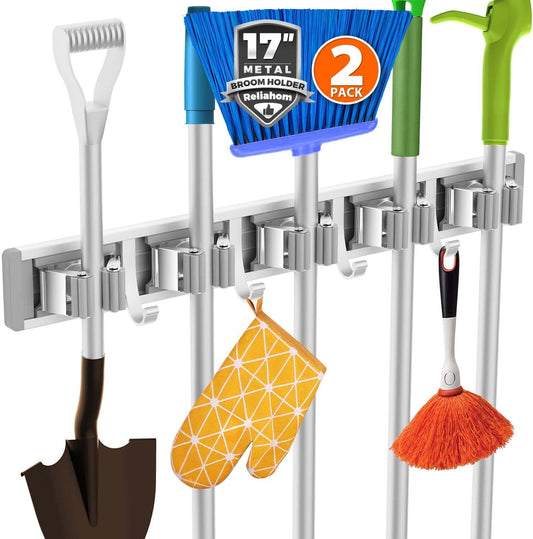 2 Pack Broom Holder Wall Mount Mop and Broom Hanger Wall Mounted Garage Storage Rack Kitchen Garden Tool Organizer (5 Racks with 4 Hooks, Silver)