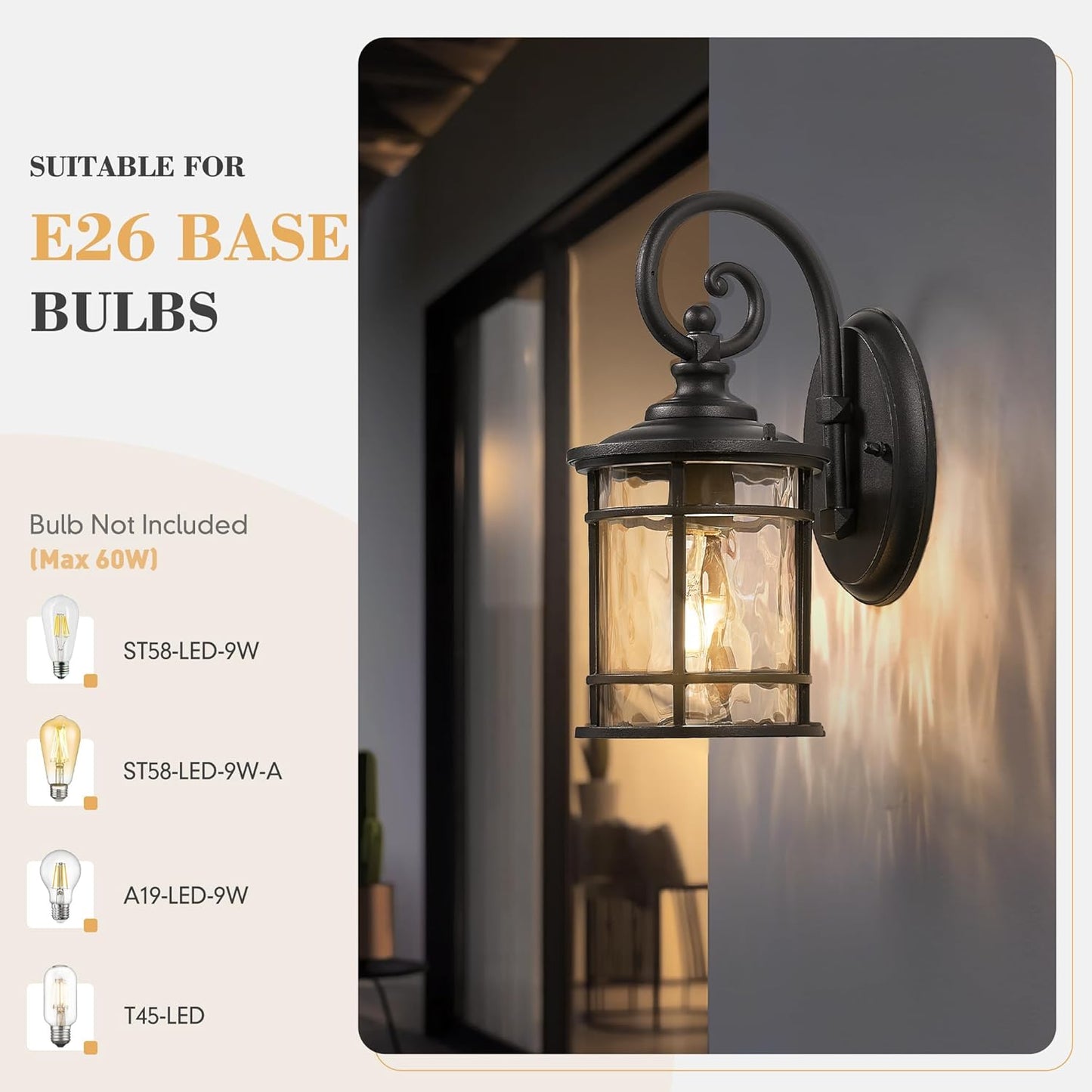 Emliviar Outdoor Lights for House, Outdoor Sconce Lights with Water Ripple Glass in Black Finish, XE229BWG-S BK