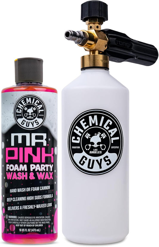 Chemical Guys EQP367 TORQ Professional Snow Foam Cannon Car Wash Snow Foamer + Mr. Pink Foam Party Wash & Wax 16 fl oz (Safe for Cars, Trucks, SUVs, RVs, & More) Works with Pressure Washer