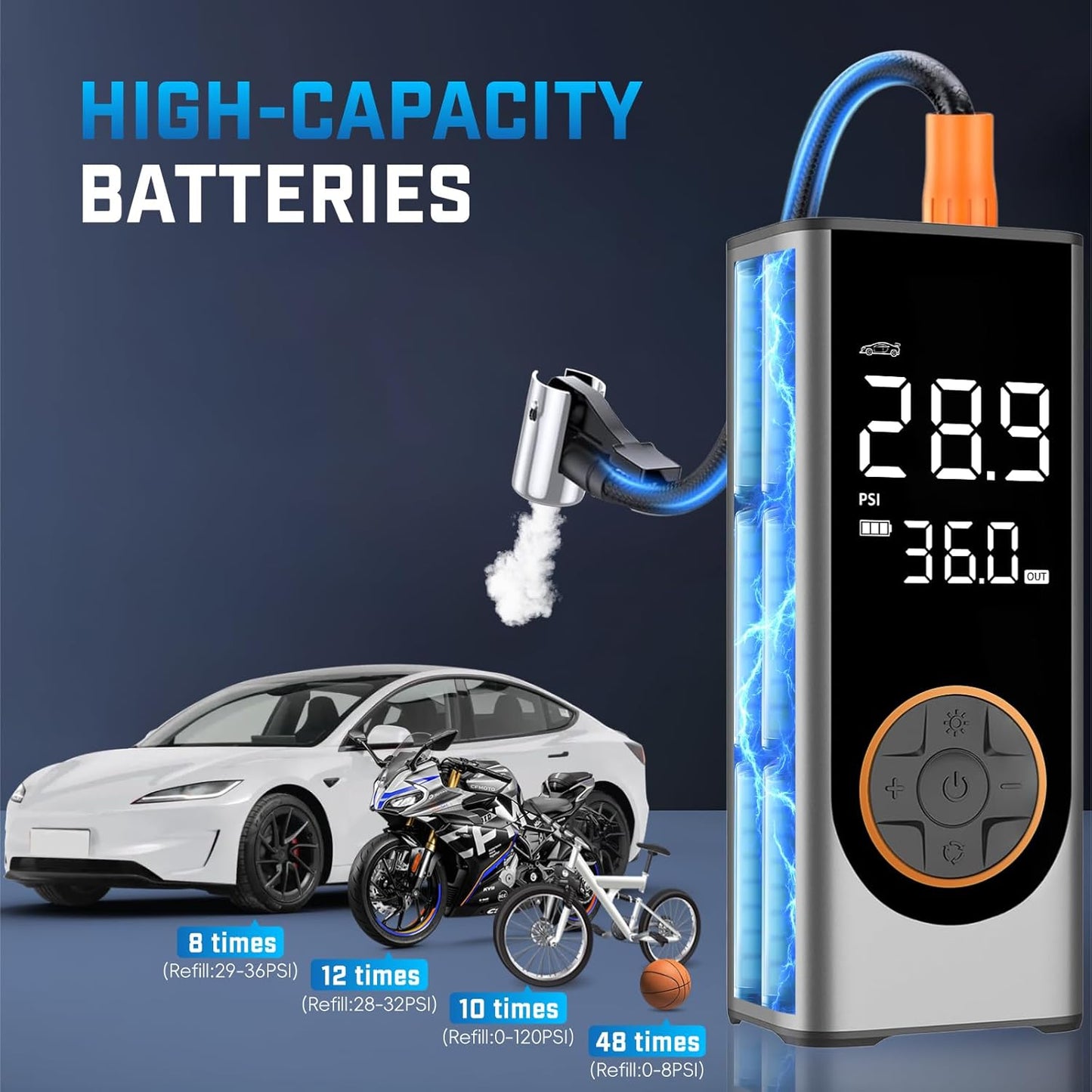 Tire Inflator Portable Air Compressor, 150PSI Cordless Air Pump for Car Tires, 4X Faster 12V DC Tire Pump with Tire Pressure Gauge, LED Light for Cars, Motorcycles, Bikes, Balls (Silver)