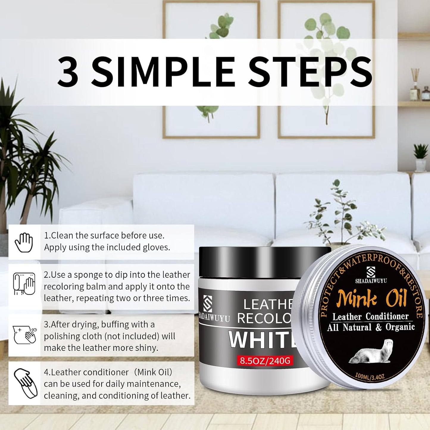 8.5oz Leather Recoloring Balm with 100ml Mink Oil,White Leather Repair kit for Furniture and Car Interior,Leather Couch Scratch Repair,Leather Dye Paint,Mink Oil for Leather