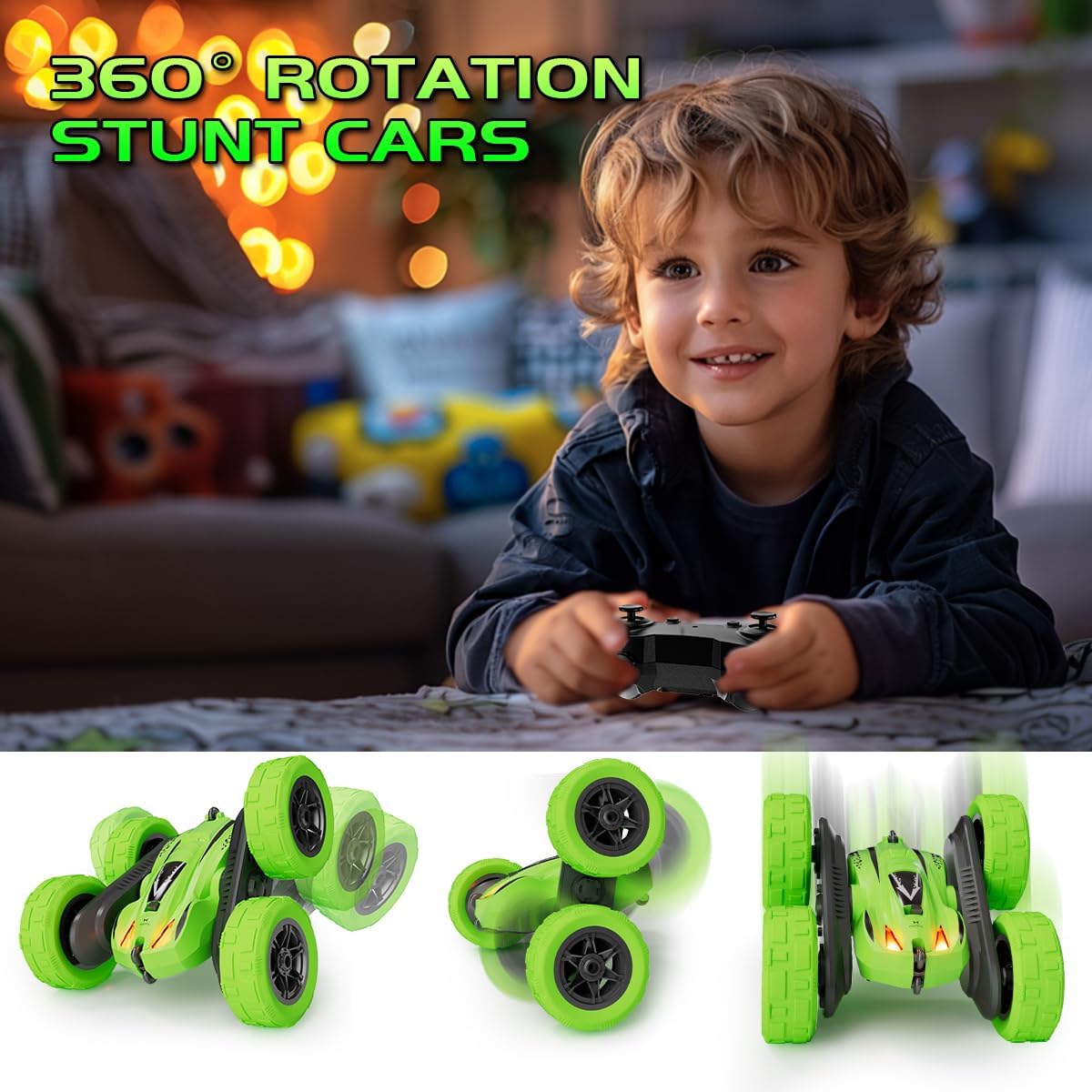 Remote Control Car for 6-12 Year Old Double Sided 360°Rotating 4WD RC Cars with Headlights 2.4GHz Rechargeable Electric Stunt Race Car Toy for Boys Girls Birthday Gifts(Green)