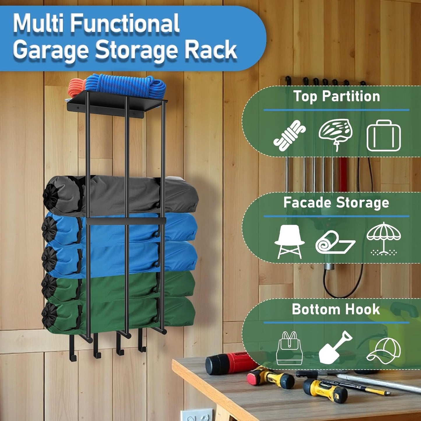 Camping Chair Wall Storage for Garage - Metal Beach Lawn Chair Rack, Garage Storage and Organization Shelves, Wall Mounted Umbrella Storage Rack Holder with Floating Shelf and 4 Hooks Black