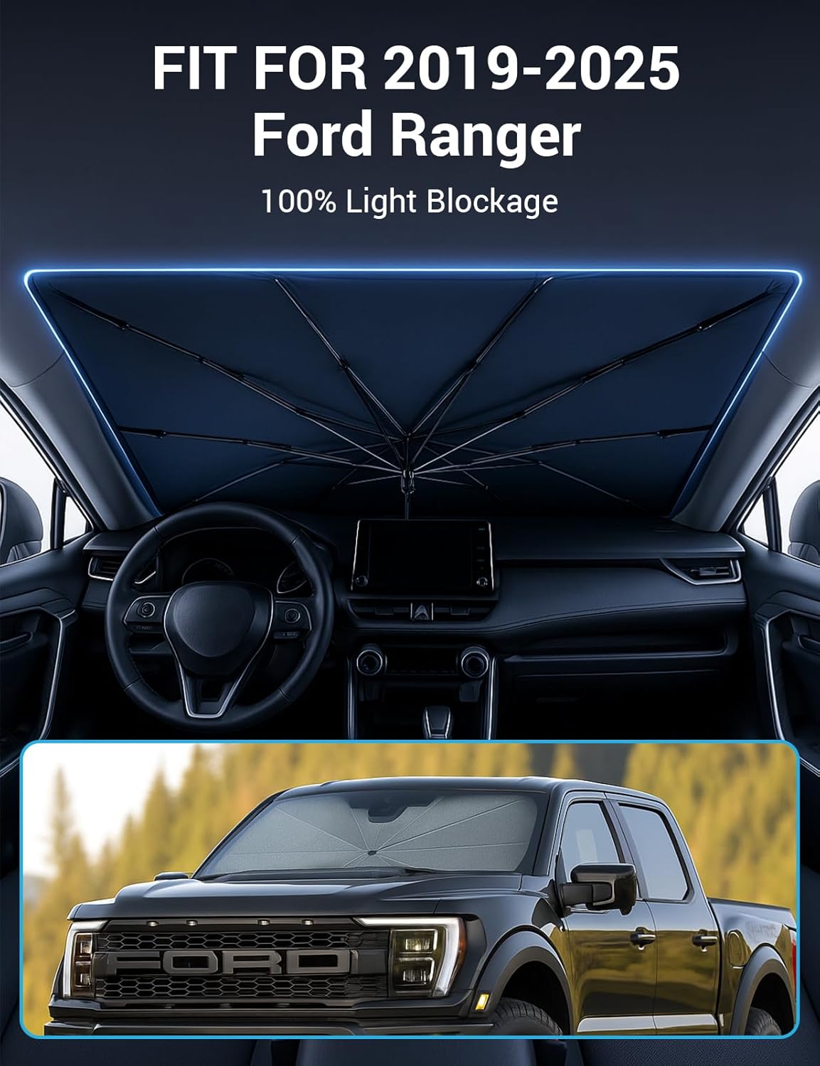 Proadsy Windshield Sun Shade Umbrella for Ford Ranger 2019-2025 2026 Foldable Car Umbrella Sunshade with Soft TPU Handle Spring Structure Crystal Cooling Material Protect Car from Rays & Heat