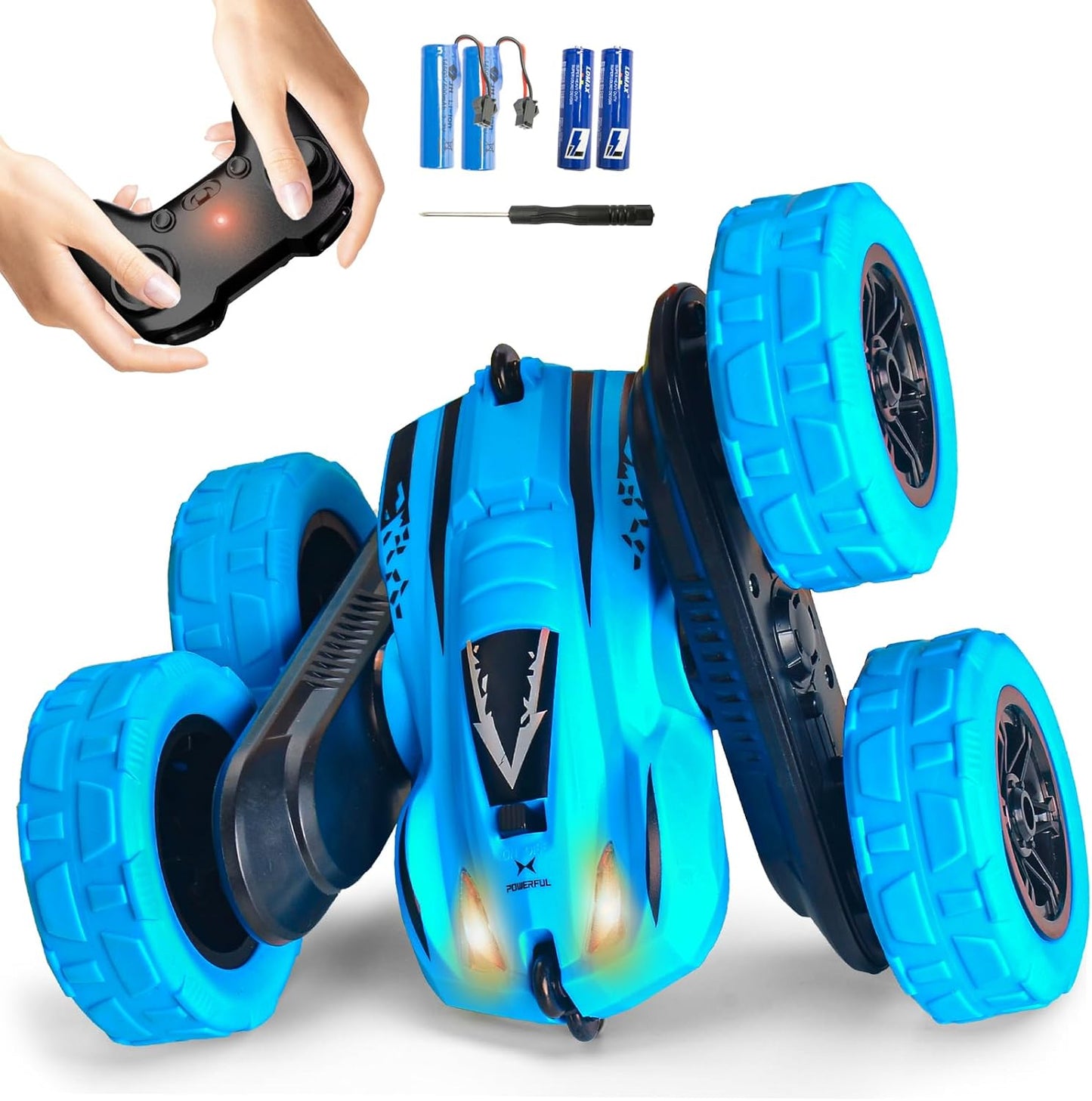 Remote Control Car for 6-12 Year Old Double Sided 360°Rotating 4WD RC Cars with Headlights 2.4GHz Rechargeable Electric Stunt Race Car Toy for Boys Girls Birthday Gifts(Blue)
