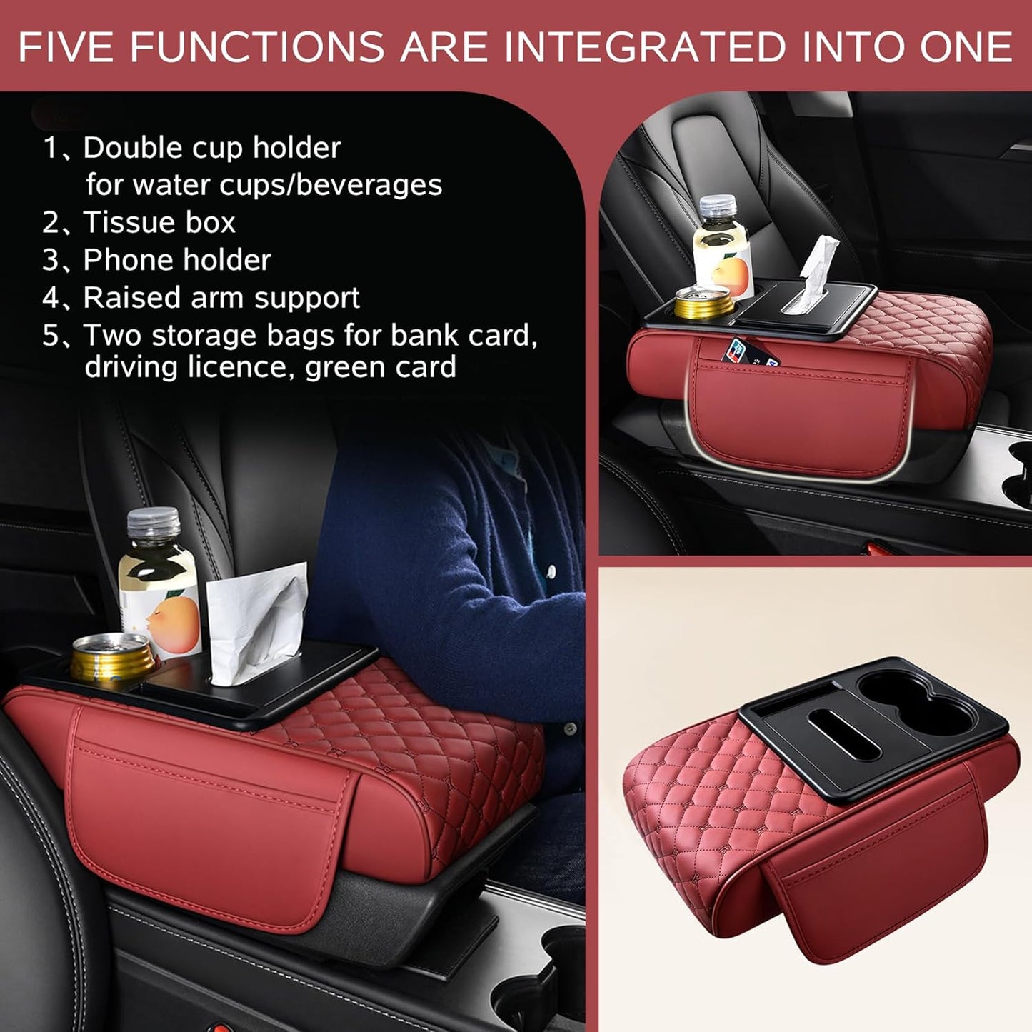 5 in 1 Car Armrest Storage Box for Center Console, Armrest Cushion Cover for Car with 2 Cup Holders Storage Bags, Tissue Box, Phone Slot, Premium Memory Foam with Nappa Leather, 14.2*7.9*2.8in, Black