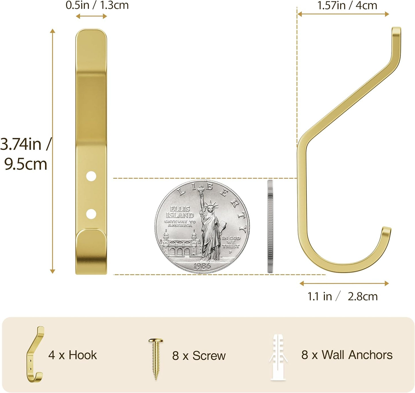 Coat Hooks Wall Mount for Hanging: 20LB Sturdy Hanger for Backpack, Towel, Bag, for Closet, Bathroom, Door, Mushroom, Stainless Gold 4 Pack, 3.75"