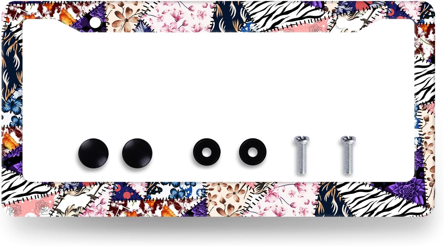 Abstract Art Flowers License Plate Frame Colorful Floral License Plate Holder Stainless Steel Funny Design 12.3" x 6.3"Compatible with Standard License Plate for USA Canada