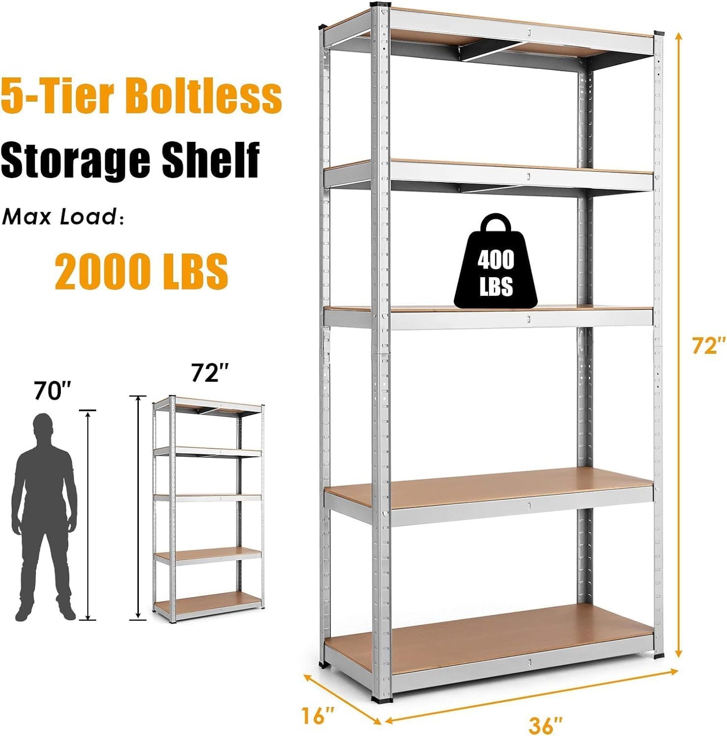 ERGOMASTER 72" Storage Shelves, Heavy Duty Steel Frame 5-Tier Garage Shelf, Metal Multi-Use Storage Shelving Unit for Home/Office/Dormitory/Garage (4, Silver)