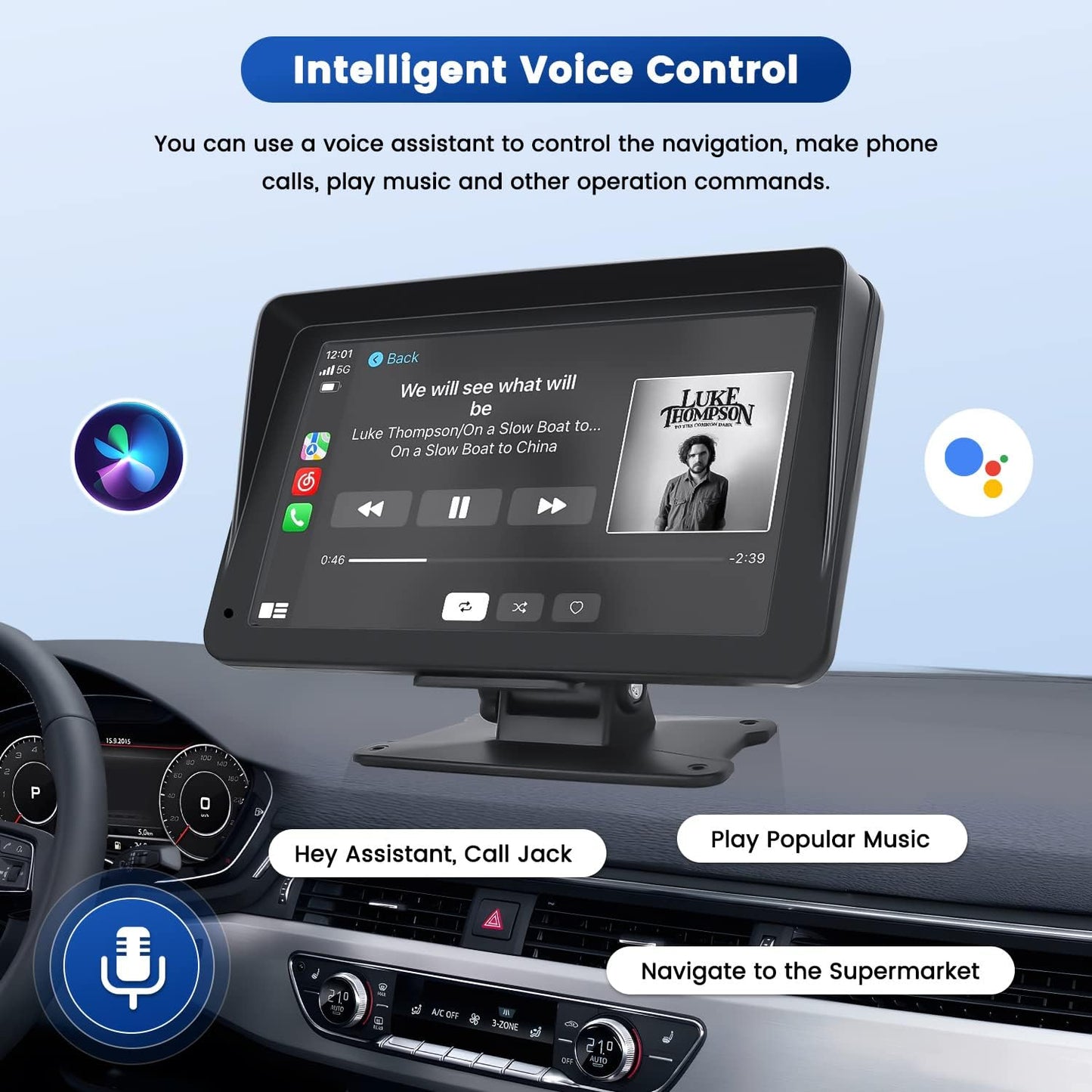 Portable Carplay Screen for Car, 7" Wireless Carplay & Android Auto with Bluetooth, GPS Navigation, Siri, FM, AUX, Mirror Link for All Vehicles