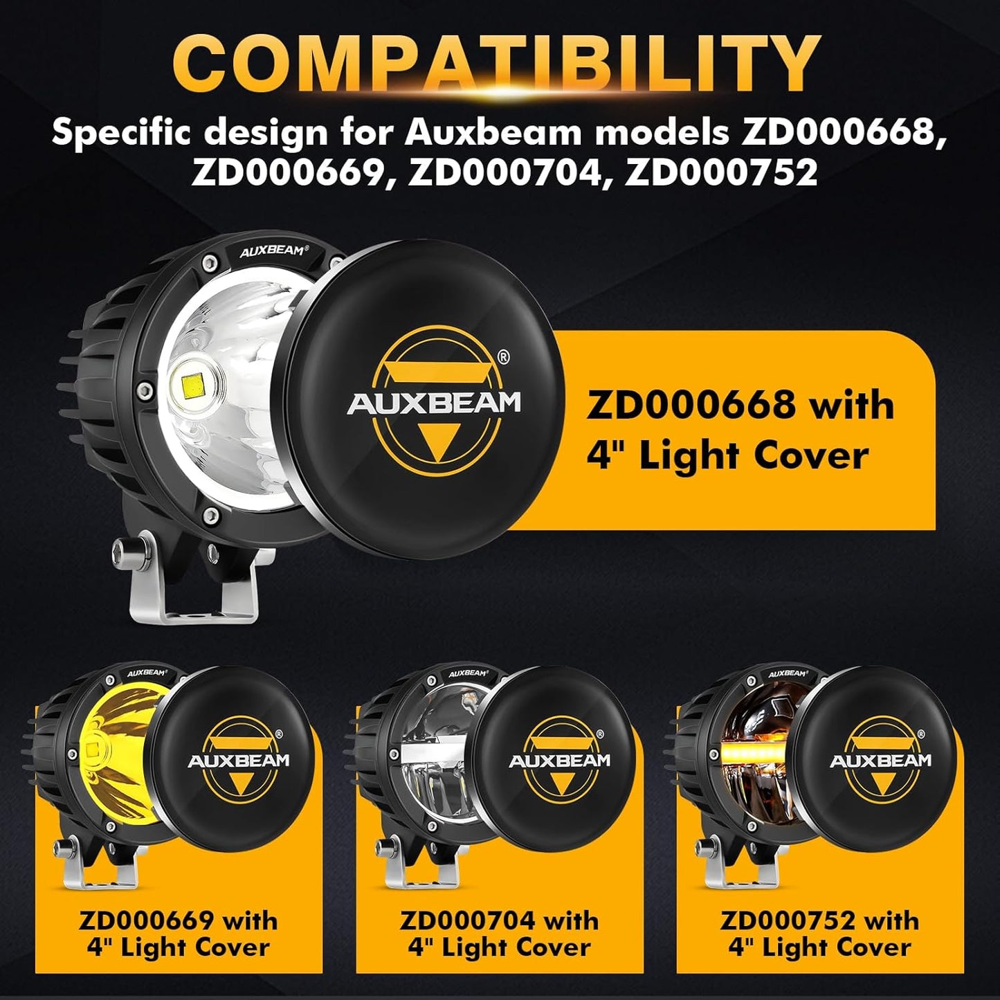 Auxbeam C4 Series 4 Inch Black Protective Light Covers, Round Offroad LED Pods Lens Cap, On Road & Off Road, Polycarbonate Plastic, Snap-On Design, 2 Packs