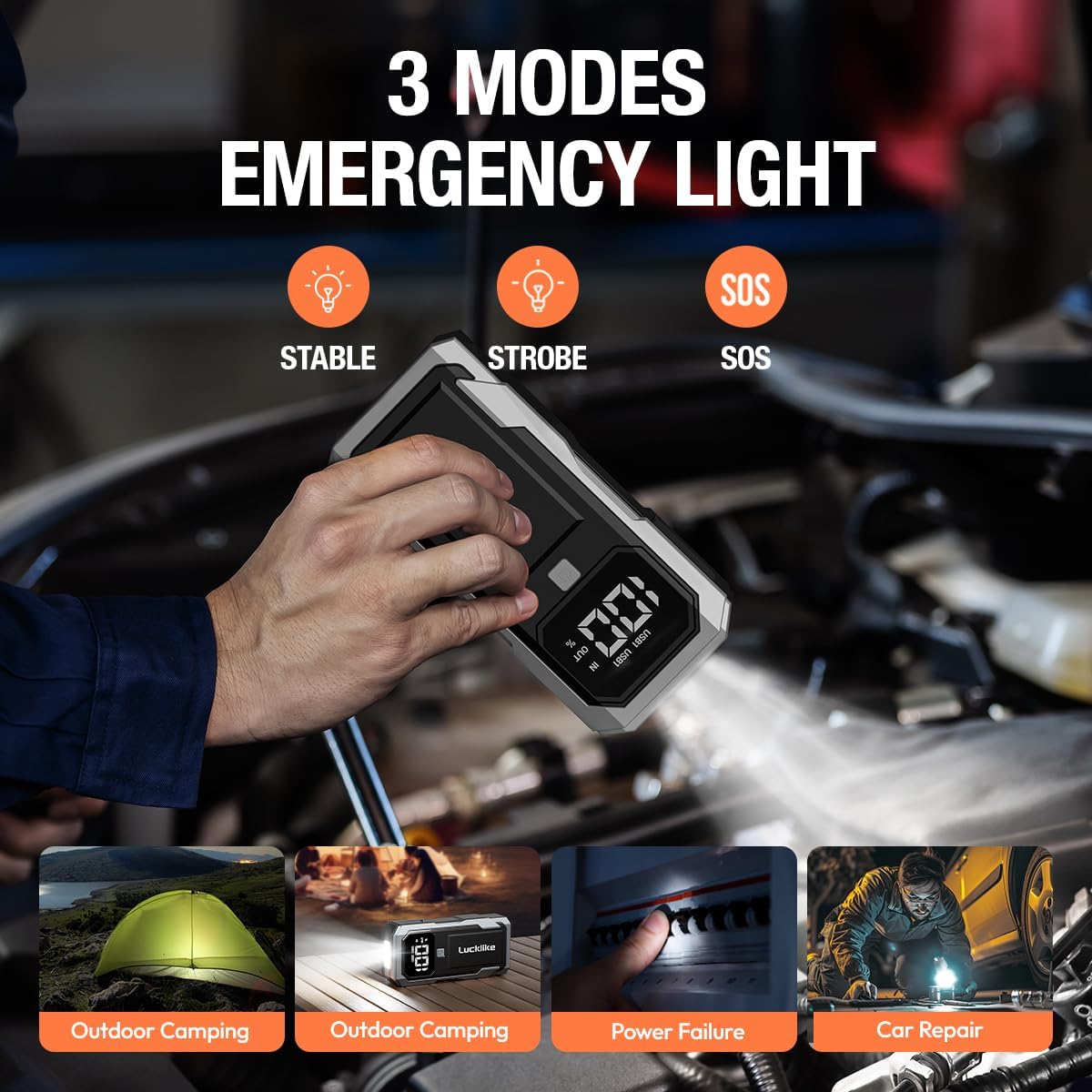 Lucklike Car Battery Jump Starter Portable, Jump Starter Battery Pack for 8.0L Gas/7.0L Diesel Engines,12V Jump Box with Portable Charger Power Bank, 3 Modes Emergency Light and Jumper Cable