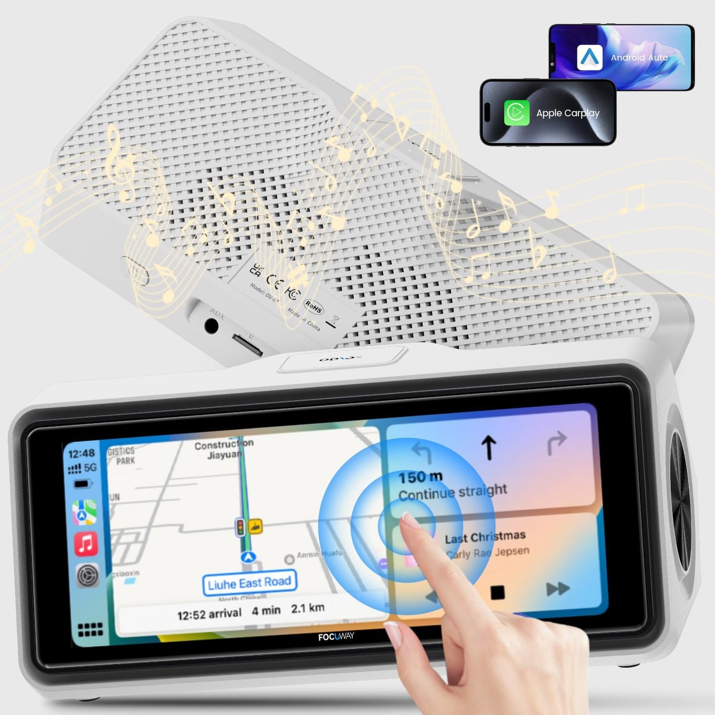 Portable Apple Carplay Screen for Car, Touch Screen with Wireless Android Auto, Car Audio Receivers with Voice Control, Mirror Link, Music Play, GPS Navigation, Built-in Customized Speakers (White)