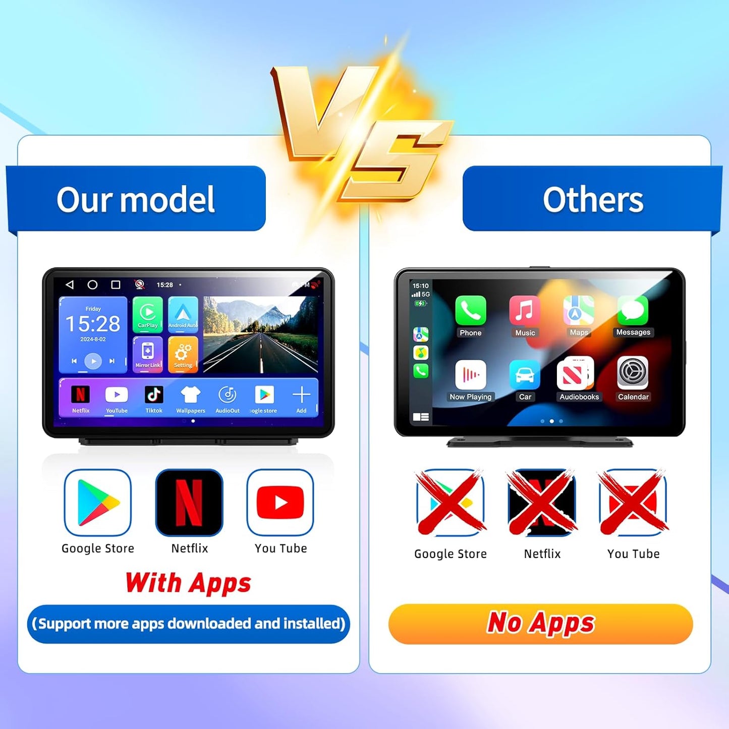 [Android& 2+32G] 9 inch Wireless Apple Carplay and Android Auto, 4 Core IPS Touch Screen Mirror Link, with 1080P Rear Camera and Support OTA Update, GPS Navigation, Netflix, YouTube, Tictok