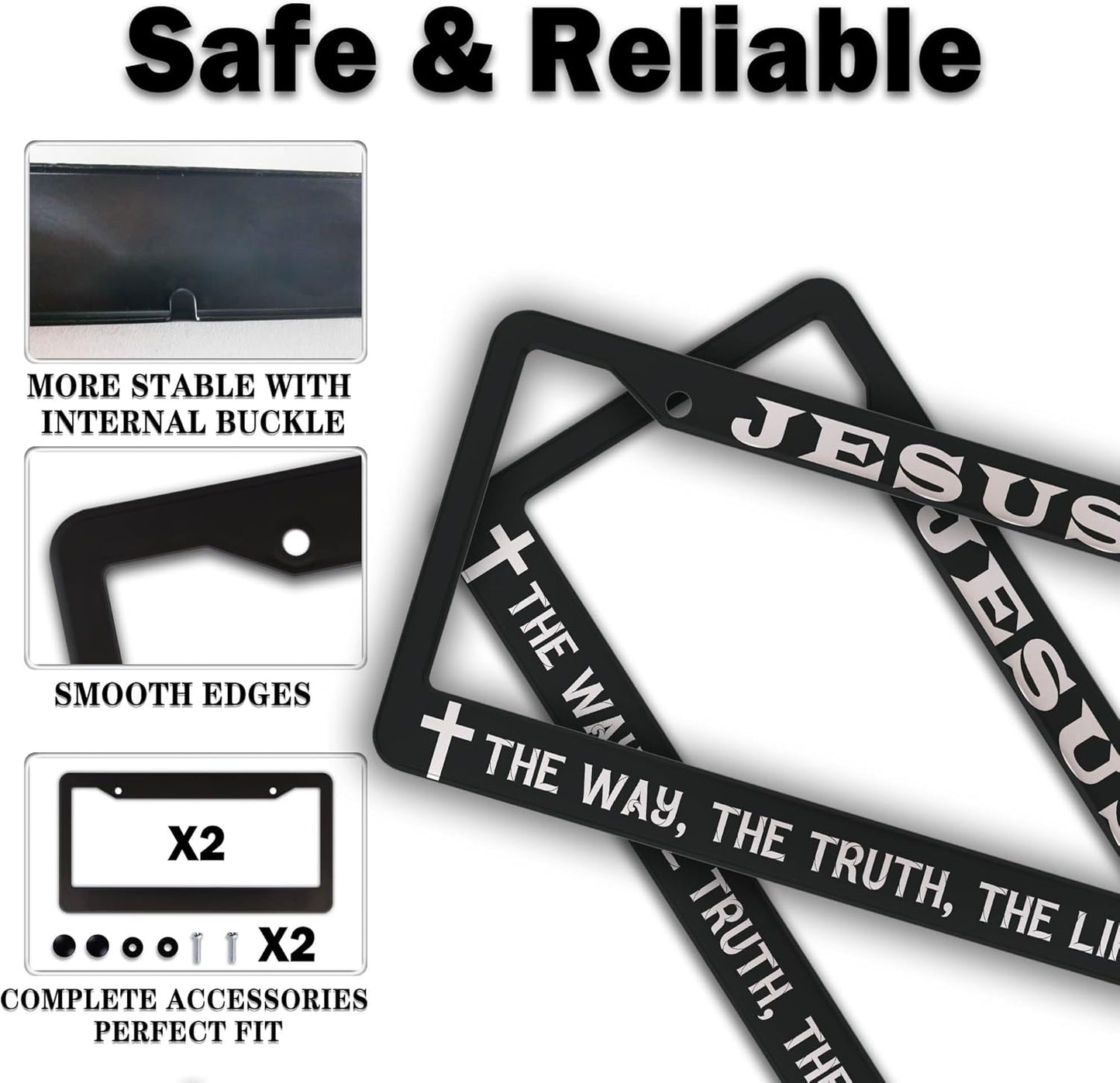 License Plate Frames Black and White Car Plate Frames Jesus The Way The Truth The Life Universal Aluminum Car Accessory 2 Pack with Screw Covers Set