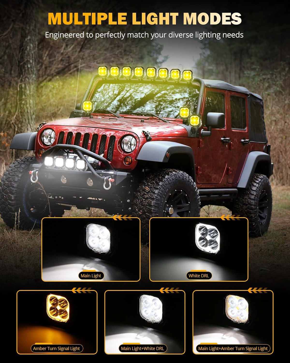 Auxbeam Color Play Series 3" LED Pod Lights, Offroad Spotlights with Amber White DRL & Turn Signal 11600LM Super Bright Square 100W Spot Beam Fog Cube Ditch Lights for Jeep ATV UTV, 2 Years Warranty