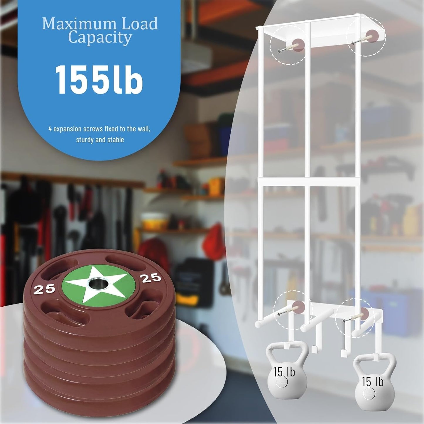 Camping Chair Wall Storage for Garage - Metal Beach Lawn Chair Rack, Garage Storage and Organization Shelves, Wall Mounted Umbrella Storage Rack Holder with Floating Shelf and 4 Hooks White