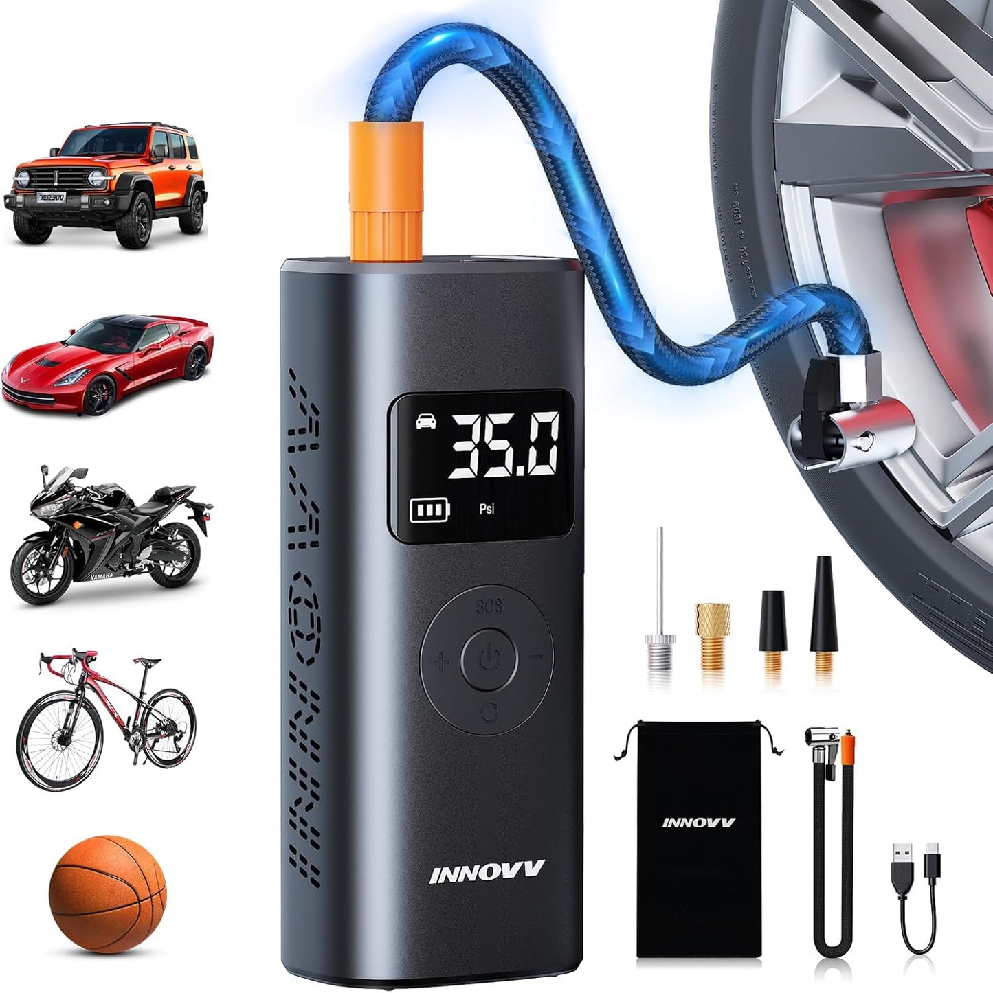 P1 Aluminum Tire Inflator Portable Air Compressor, 3X Faster 150PSI Cordless Car Air Pump with Auto-Shutoff, Motorcycle Pumps with Tire Pressure Gauge, Electirc Tire Pump for Car, Bike, Ball