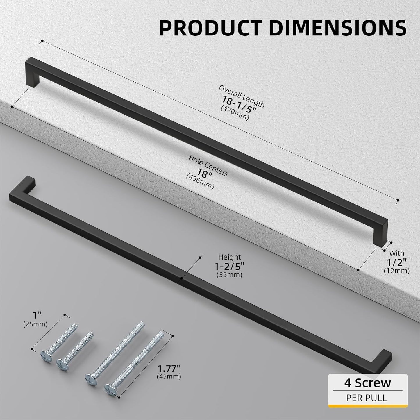 goldenwarm 200 Pack 18INCH Black Cabinet Pulls Kitchen Cabinet Handles-LSJ12BK458 Square Drawer Handle Metal Bathroom Cabinets Hardware 458mm Hole Center