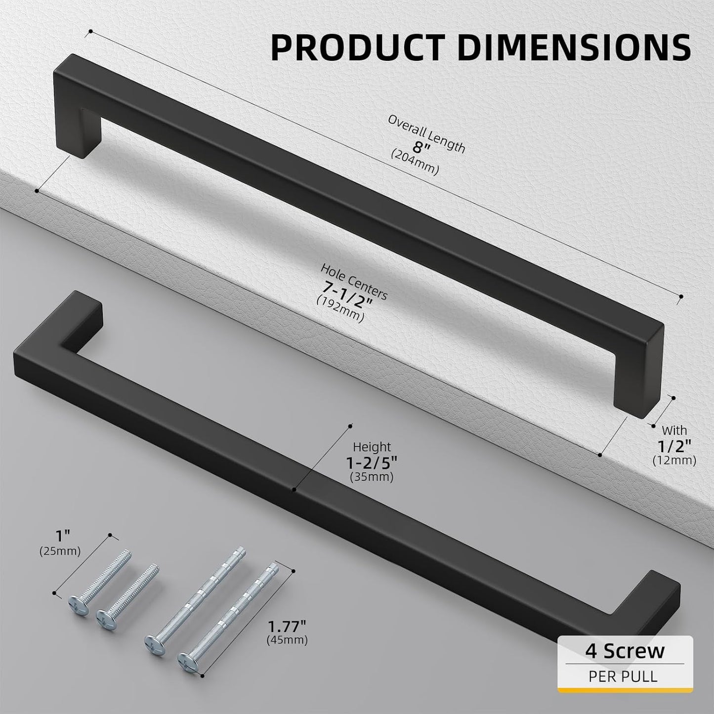 goldenwarm 45 Pack 7-1/2in Black Square Bar Cabinet Pull Drawer Handle Stainless Steel Modern Hardware for Kitchen and Bathroom Cabinets Cupboard,Center to Center 192mm Matte Black Drawer Pulls