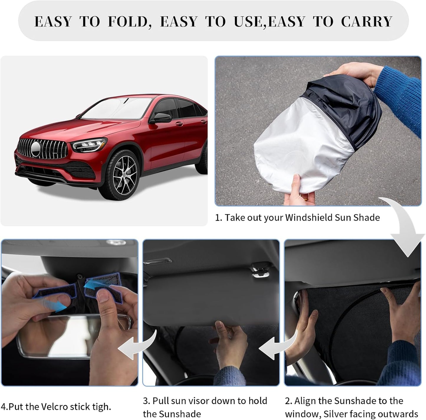 Sun Shade Sunshade for 2016-2025 Mercedes-Benz GLC300 GLK SUV Windshield Cover, 4-Layer Front Window Shade Custom fit Sun Visor 240T Retractable Shield Shade Blocks UV Rays Cooler Car Accessories