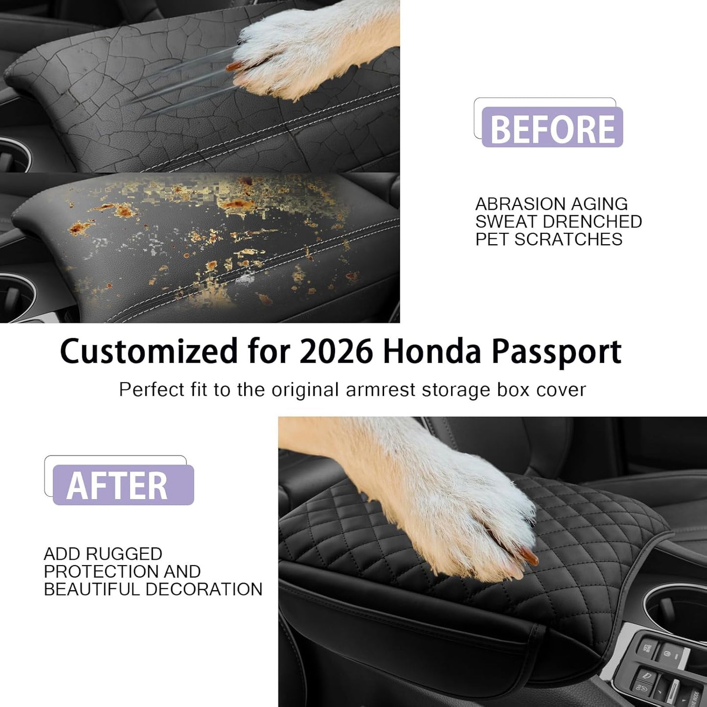 LUWU 2026 Passport Center Console Cover Compatible with 2026 Honda Passport RTL/TrailSport Accessories 2026 Passport Armrest Cover Armrest Console Cover (Thick Black)