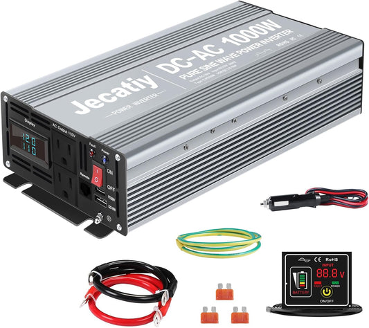 2AC 1000W Pure Sine Wave Inverter, Convert DC 12V to AC 110V 120V, 18W USB, and 30W Type-C Charging Ports, Car Solar Power Inverters for Truck, Home, Vehicles, RV
