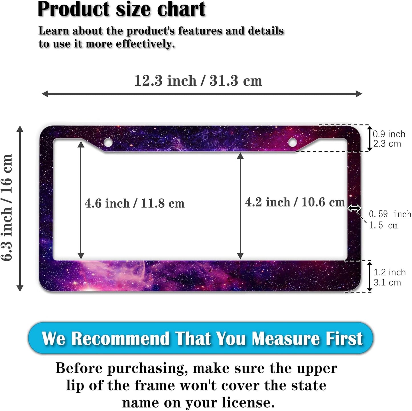 License Plate Frames Multicolor License Plate Cover Beautiful Galaxy Space Universal Aluminum Car Accessory 2 Pack with Screw Covers Set