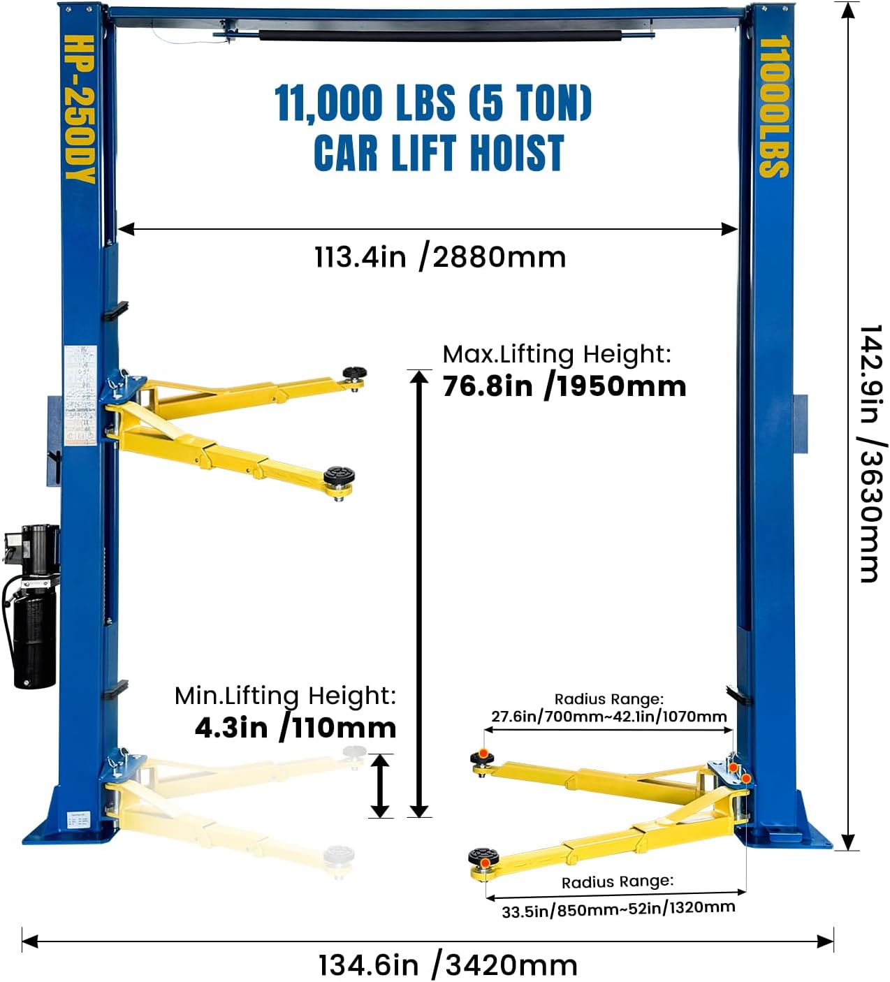 110V Two Post Car Lift 11,000 LBS Single-Sided Unlocking Overhead Heavy Duty 2 Posts Auto Hoist Truck Lift for Garage 3 Year Warranty