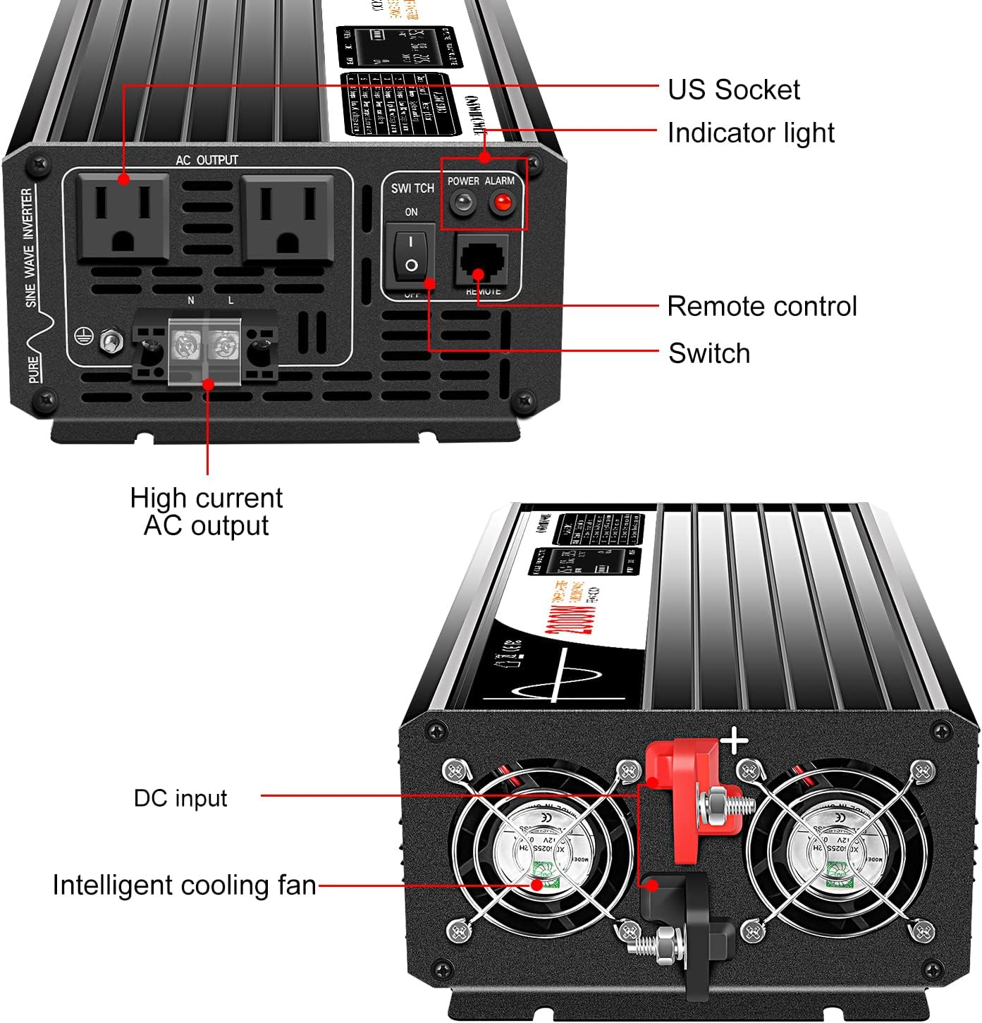 Xijia 2000w(Peak Power 4000W) dc 48v to ac 120v Inverter Pure sine Wave 60HZ Converter with Bluetooth Remote Control LCD Screen 2 AC outlets for Camping, Boat,Outdoor (DC48V (Range 40V-60V) 2000W)