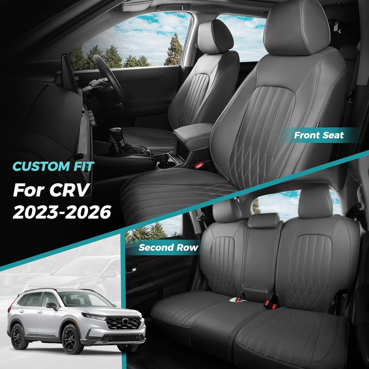 Seat Covers for Honda CRV 2023 2024 2025 2026 EX/EXL/LX/Sport/Touring/Special Edition, Hybrid & Gas, 1:1 Custom Leather Seat Covers Full Set - Grey