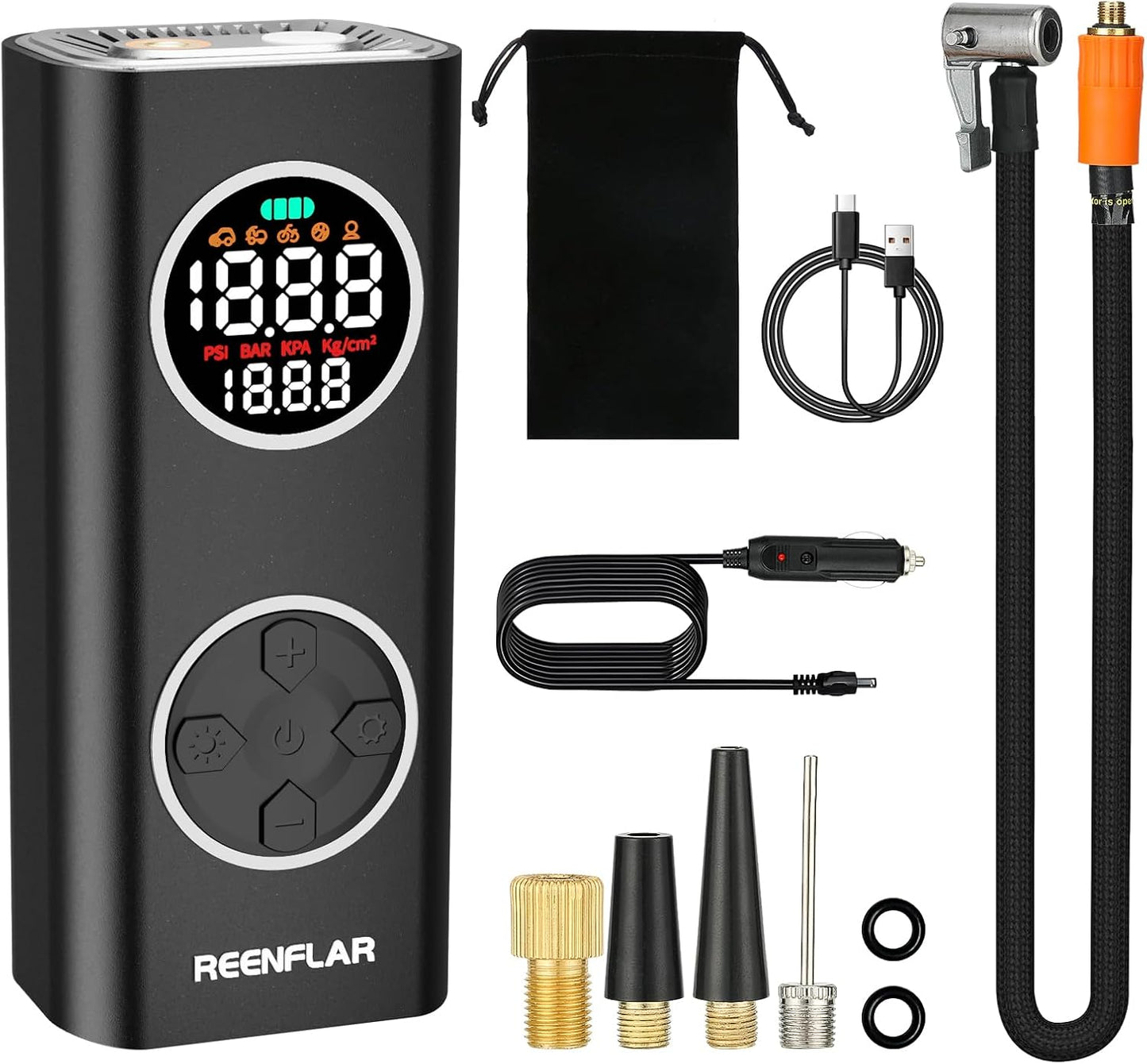 Cordless Tire Inflator with Dual Nozzle & Digital Gauge, 150PSI Portable Air Compressor for Car SUV Motorcycle Bike Tires, USB-C Rechargeable, Auto Shut Off, LED Light, 20000mAh 12V DC Power