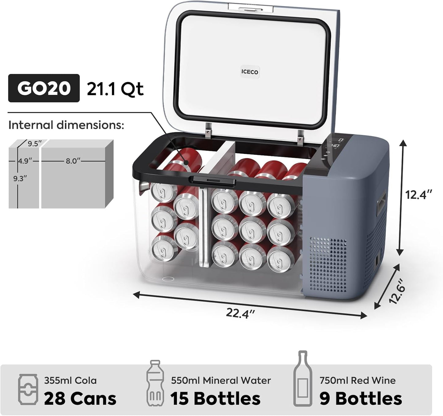 ICECO GO20 Dual Zone 12V Refrigerator, Portable Fridge Freezer with SECOP Compressor, DC 12/24V, AC 100-240V, 0℉ to 50℉, Electric Cooler for Truck, RV, SUV, Outdoor, Driving, 21 Quart, Gray