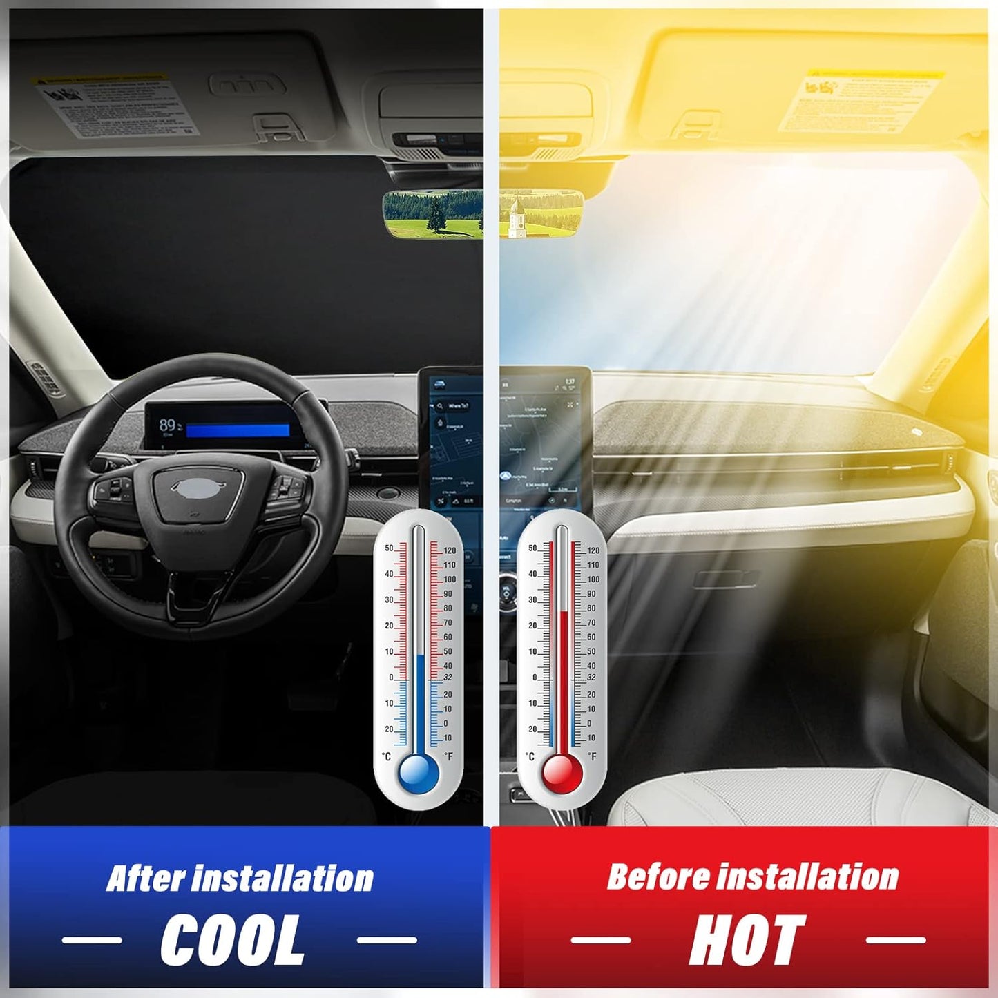 Sze Windshield Sunshade for 2021-2022 2023 2024 2025 Ford Mustang Mach-E, Foldable Front Window Sun Shade UV Reflector Sun Visor Privacy Protection Light Weight Keep Vehicle Cool-New Upgrade Sunshade