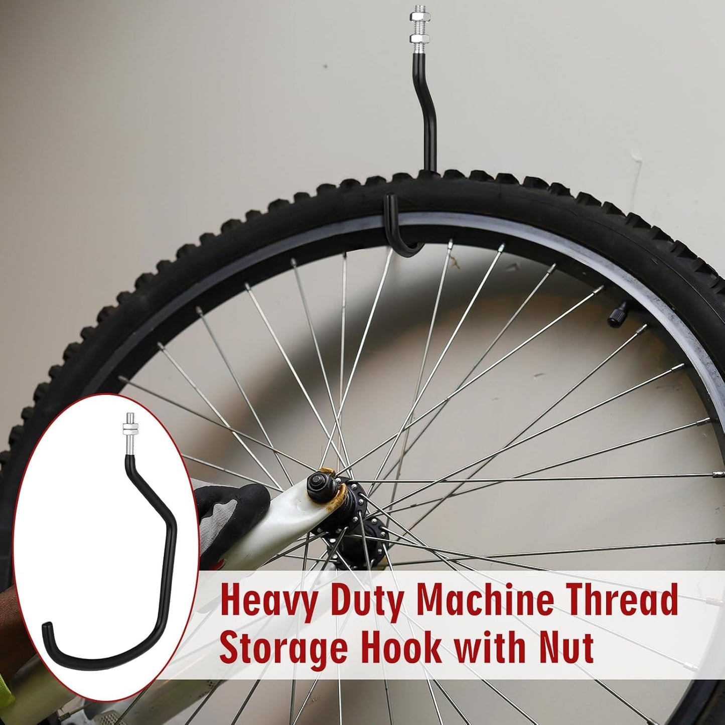 Shimeyao 8 Pcs Machine Thread Bicycle Storage Hook with Nut Heavy Duty Bike Hooks M10 x 1.5 Machine Threading Hook Rubber Coated Bicycle Hanger for Hanging Large Mountain Bike Tire (4.92 Inch,Black)