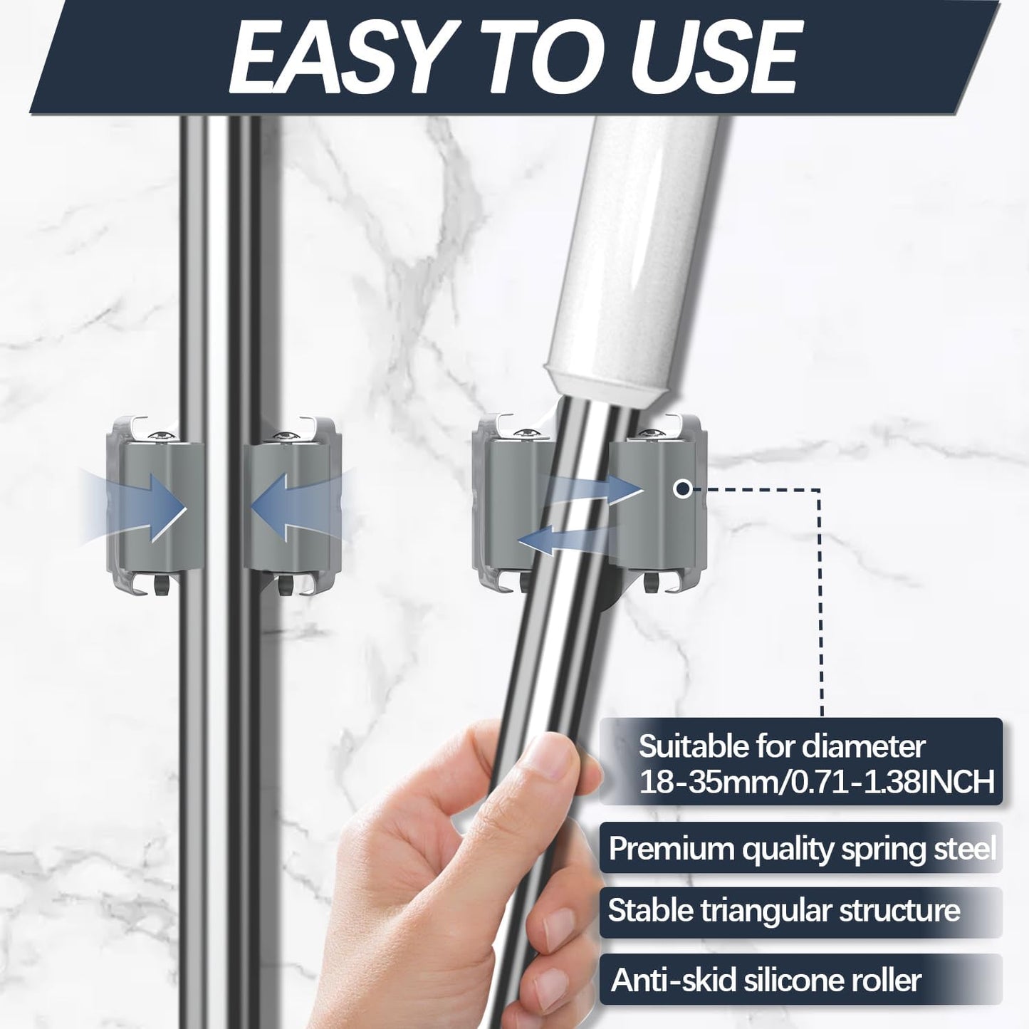 3-H Mop and Broom Holder Wall Mount 6 Pack, Broom Holder for Garage Garden Shed Storage System Laundry Room Home Kitchen Organization up to 1.45 Inch(grey)