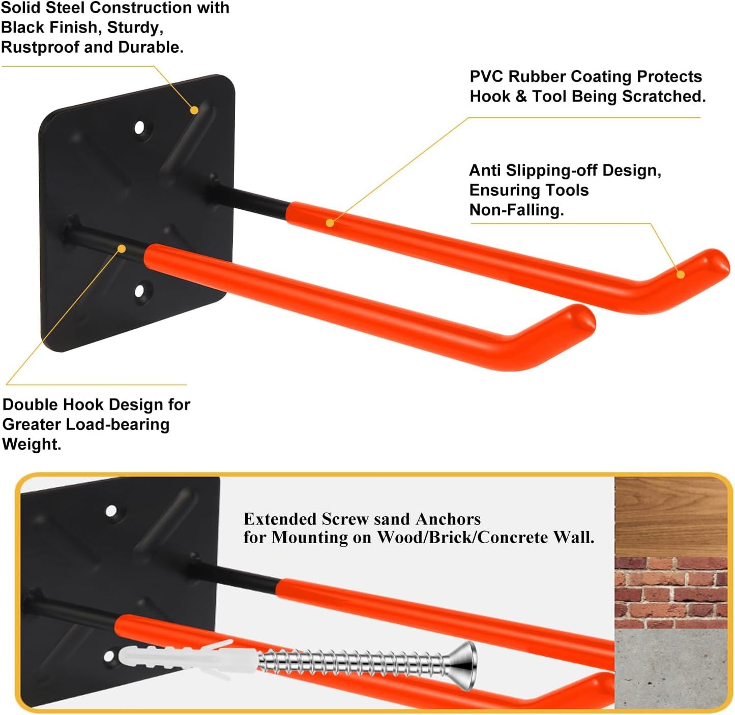 Steel Garage Storage Hooks Wall Tool Organizer, 12.4 Inch Garage Hook Heavy Duty Utility Storage Hangers Orange for Ladders, Chairs, Garden Tools, Set of 4