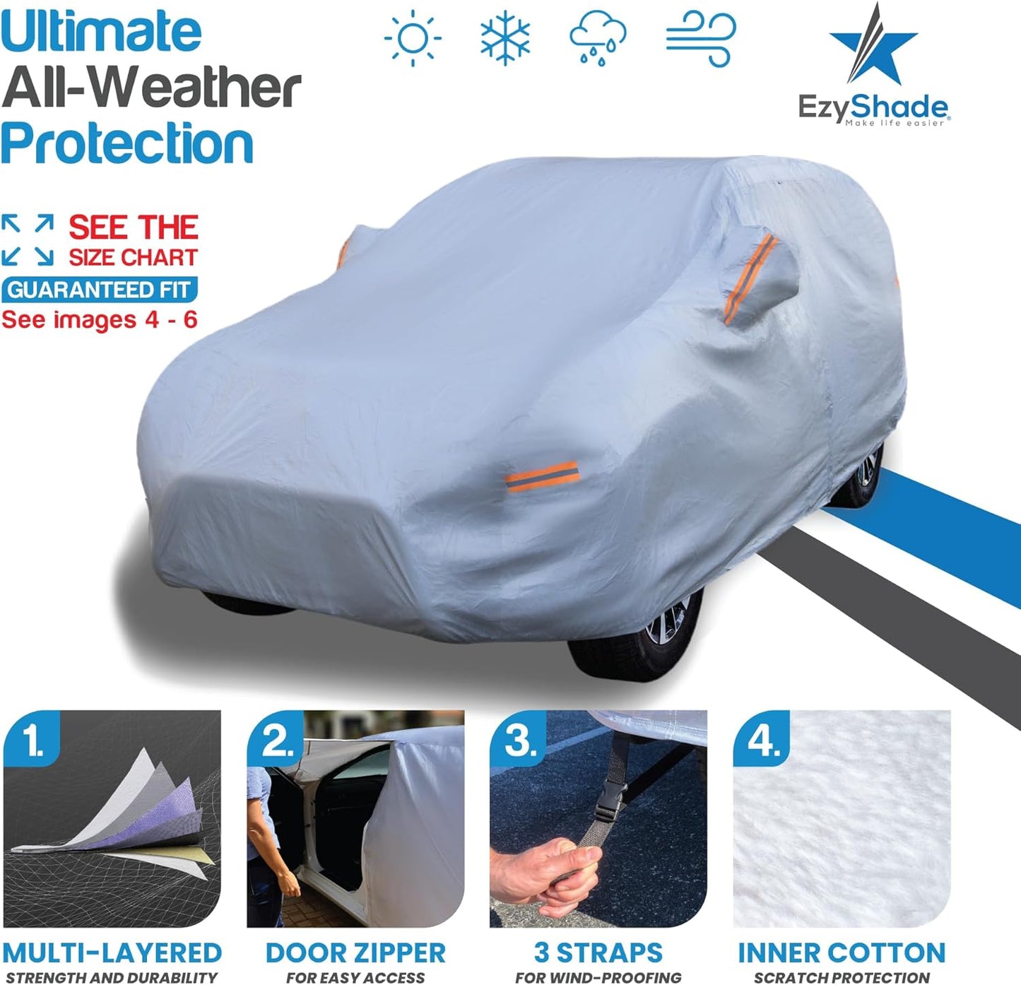 EzyShade 10-Layer SUV Car Cover Waterproof All Weather. See Vehicle Size-Chart for Accurate Fit. Outdoor Full Exterior Covers for Automobiles Heavy Duty Tarp Jeep Rav4 CRV. Size S3 (See SizeChart)