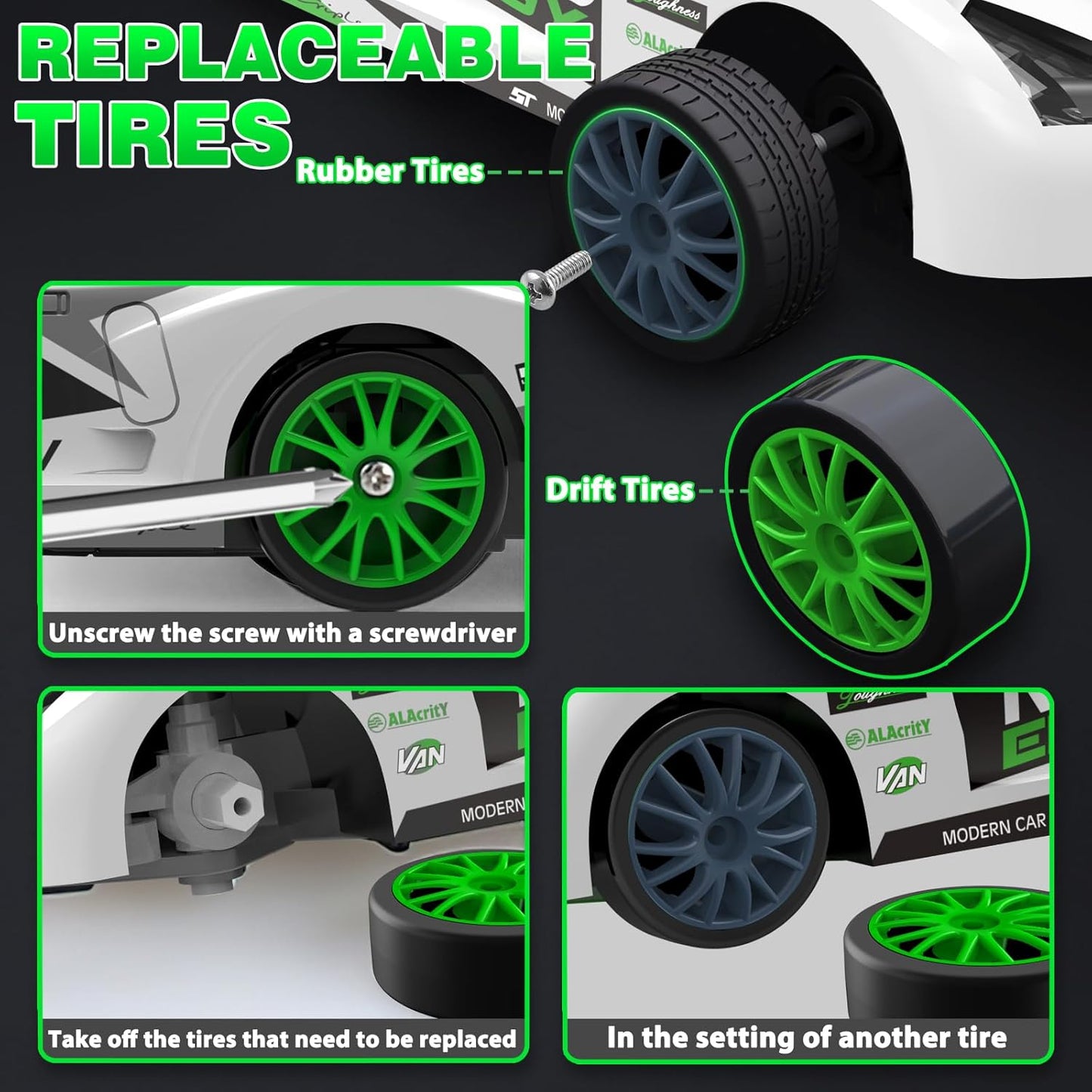 Remote Control Car 2.4GHz 1:24 Scale 4WD RC Drift Car 15KM/H High Speed Drifting RC Cars with Cool Lights, Two Batteries and Extra Tires Toys for Kids Boys Girls Adults, Green